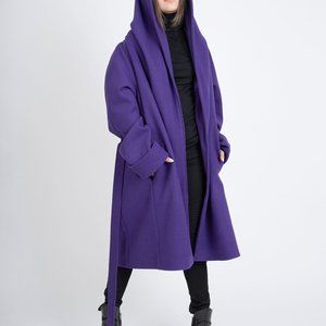 Hooded Long Wool CoatWinter Cape CoatCashmere Wool Coat Long Sleeve Trench Coat